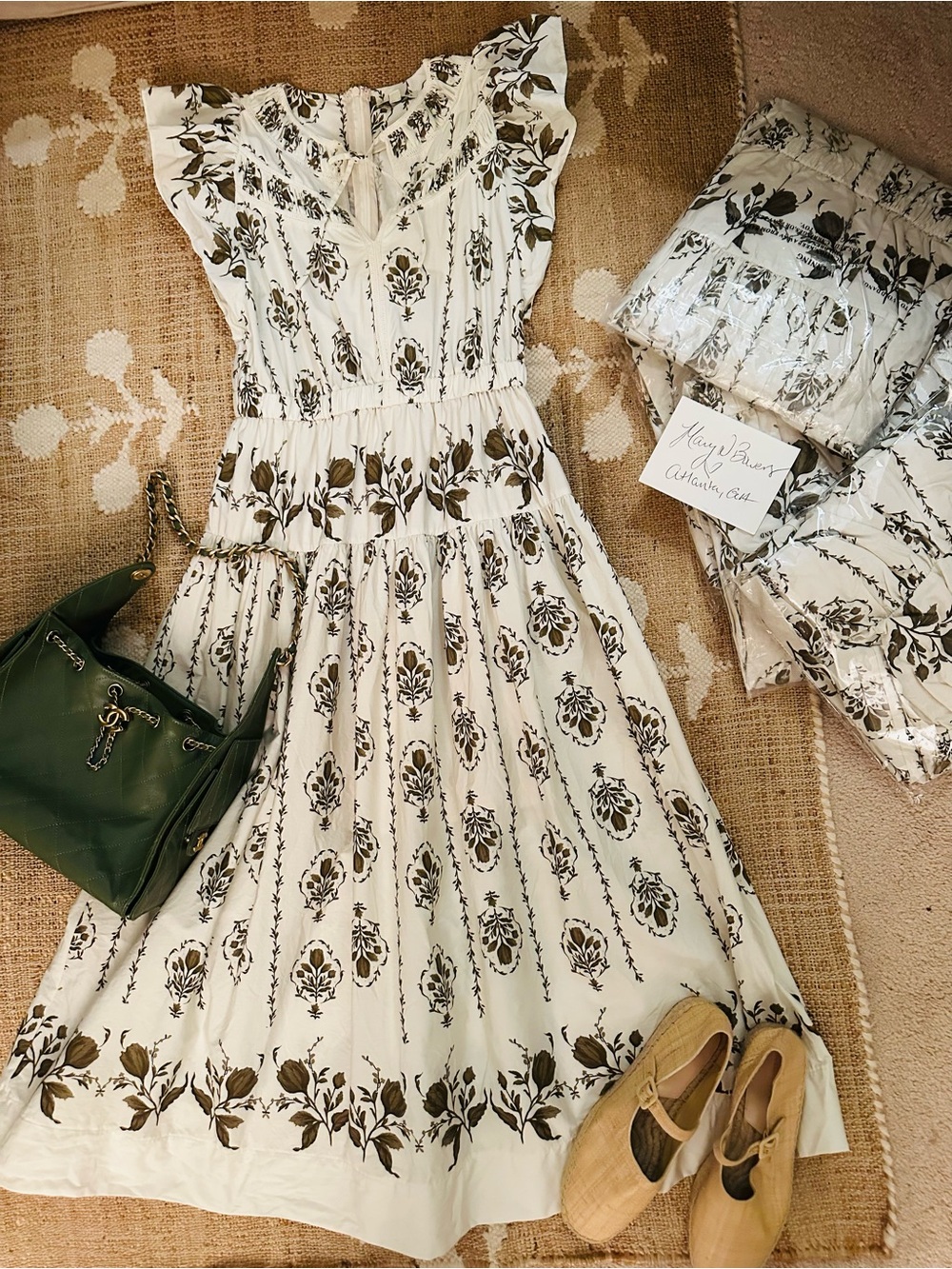 LOVE NWT Tuckernuck Moon River Beige Multi Short Ruffle Sleeve Midi Olive Sz S M - Picture 8 of 10